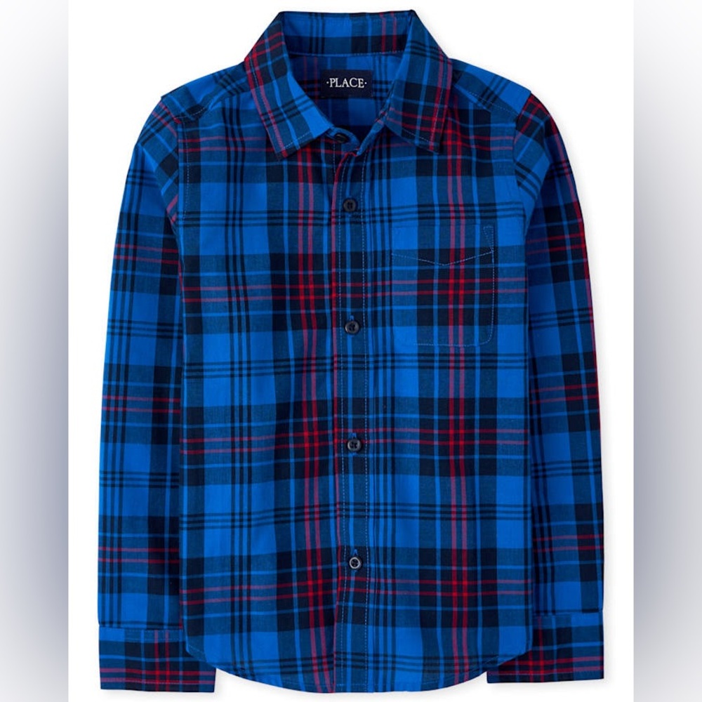 The‎ Children’s Place Boys Plaid Poplin Button-Down Shirt – Blue (XXL / 16)